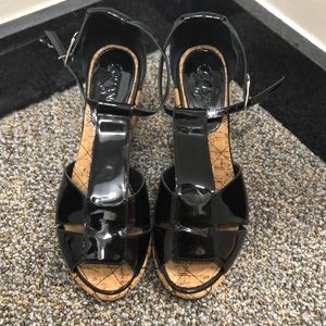 Black Shiny Chanel Cork Wedges